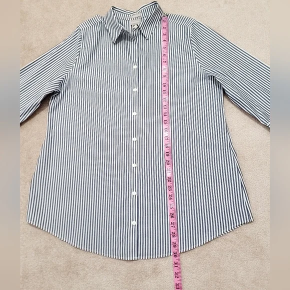 Chico’s No Iron Button Front Shirt Size 12/14 Blue/gray White Stripe 3/4 Sleeve - Picture 7 of 10